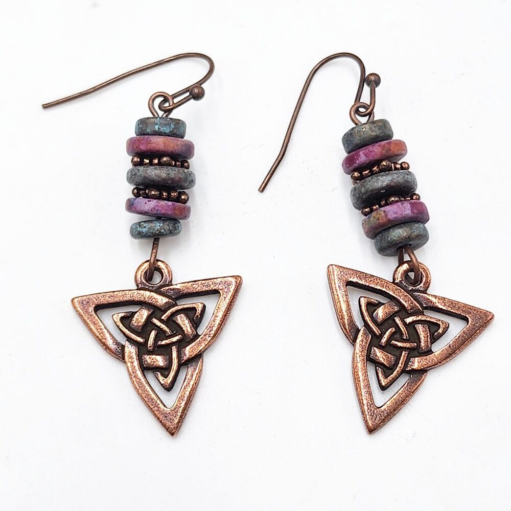Boho Copper Trinity Celtic Knot Dangle Hook Earrings Blue Purple Stone beads